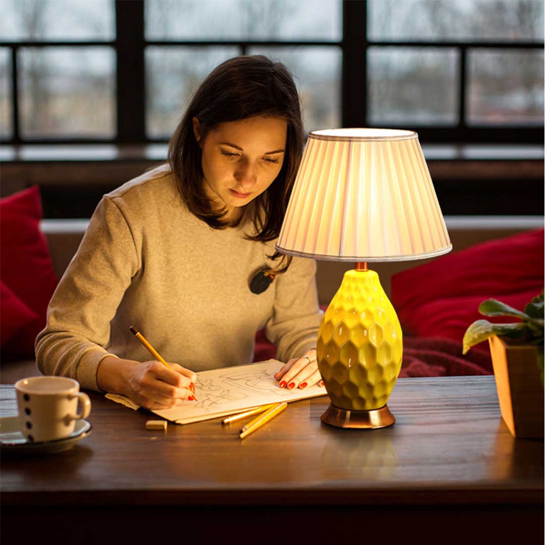 NNEAGS Textured Ceramic Oval Table Lamp with Gold Metal Base White-3