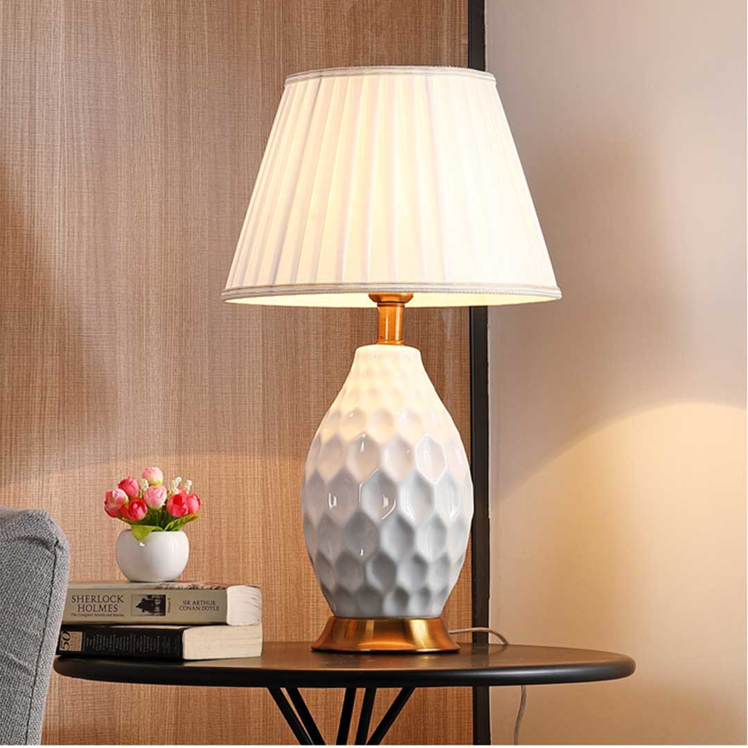 NNEAGS Textured Ceramic Oval Table Lamp with Gold Metal Base White-4