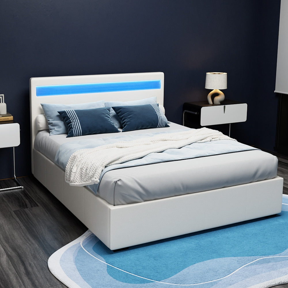 NNEDSZ Artiss Bed Frame Double Size LED Gas Lift White COLE-1