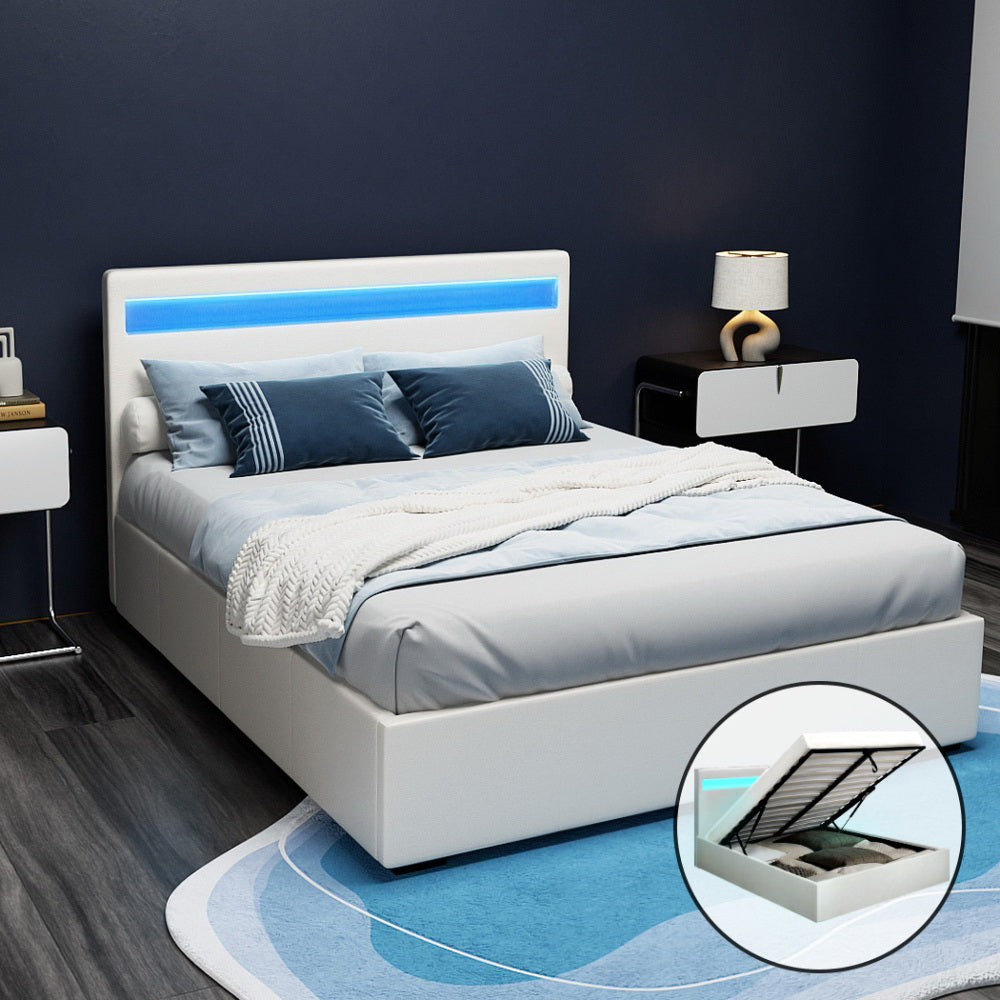 NNEDSZ Artiss Bed Frame Double Size LED Gas Lift White COLE-0