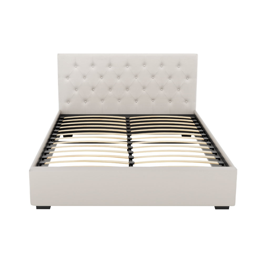 NNEDSZ Artiss Bed Frame Queen Size Gas Lift Beige VILA-2