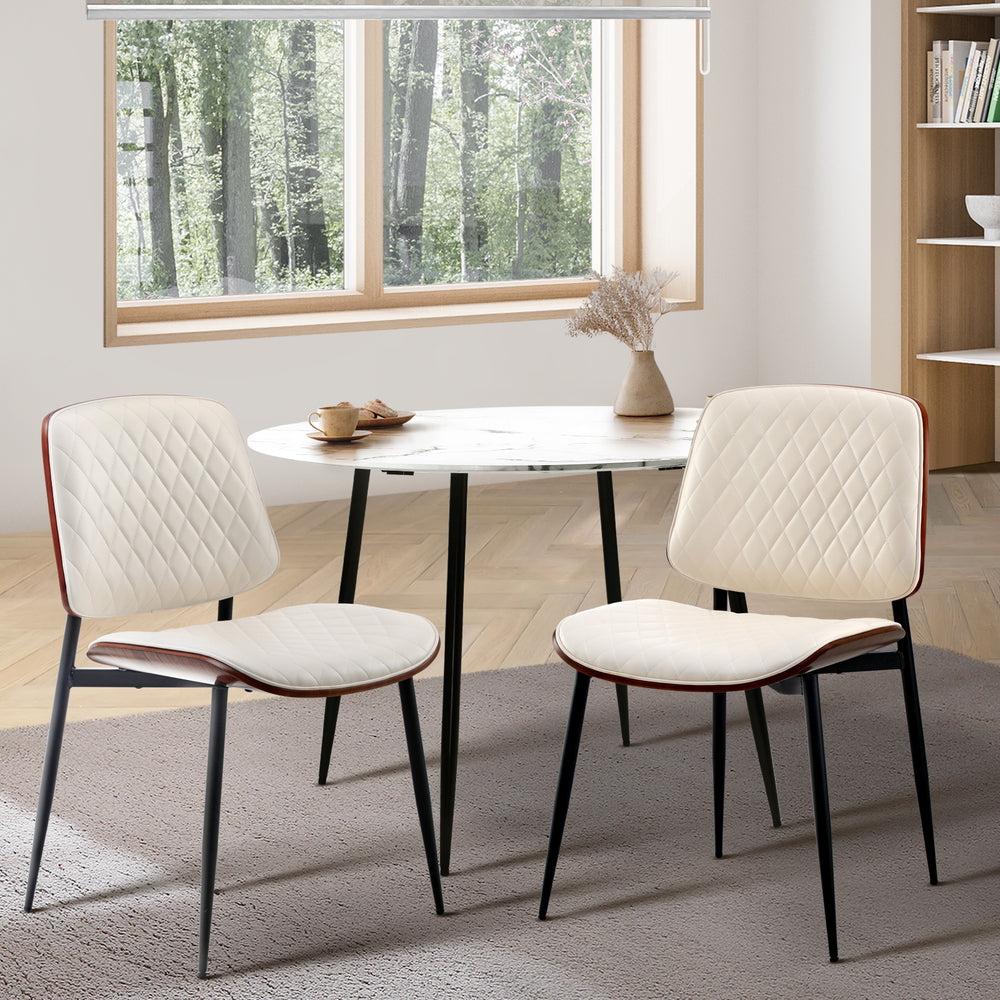 NNEED 2x Dining Chairs PU Leather Wood Frame Metal Legs White-3