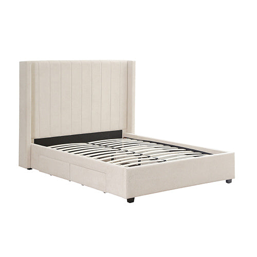 NNEDSZ King Size High Rise Headboard Linen Beige Fabric Four MDF Drawers with Wheels Bed Frame-2