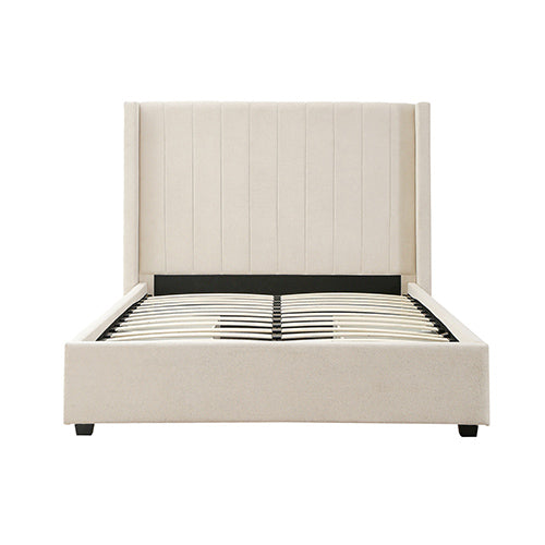 NNEDSZ King Size High Rise Headboard Linen Beige Fabric Four MDF Drawers with Wheels Bed Frame-3