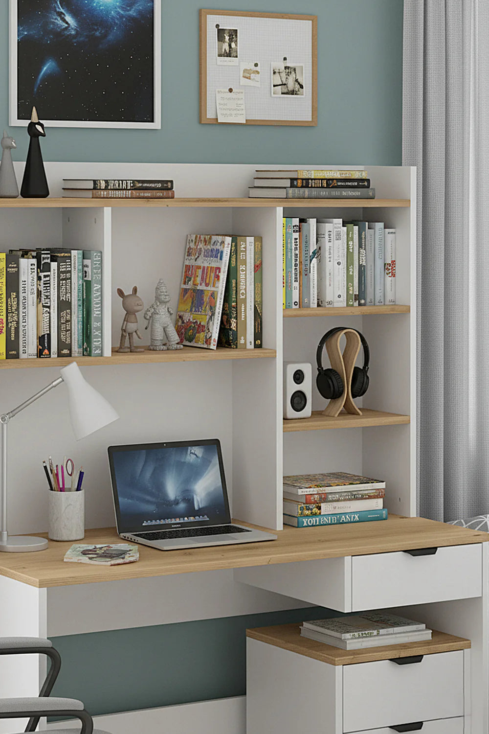 Bureau Harmony avec étagères et tiroirs, blanc - bois