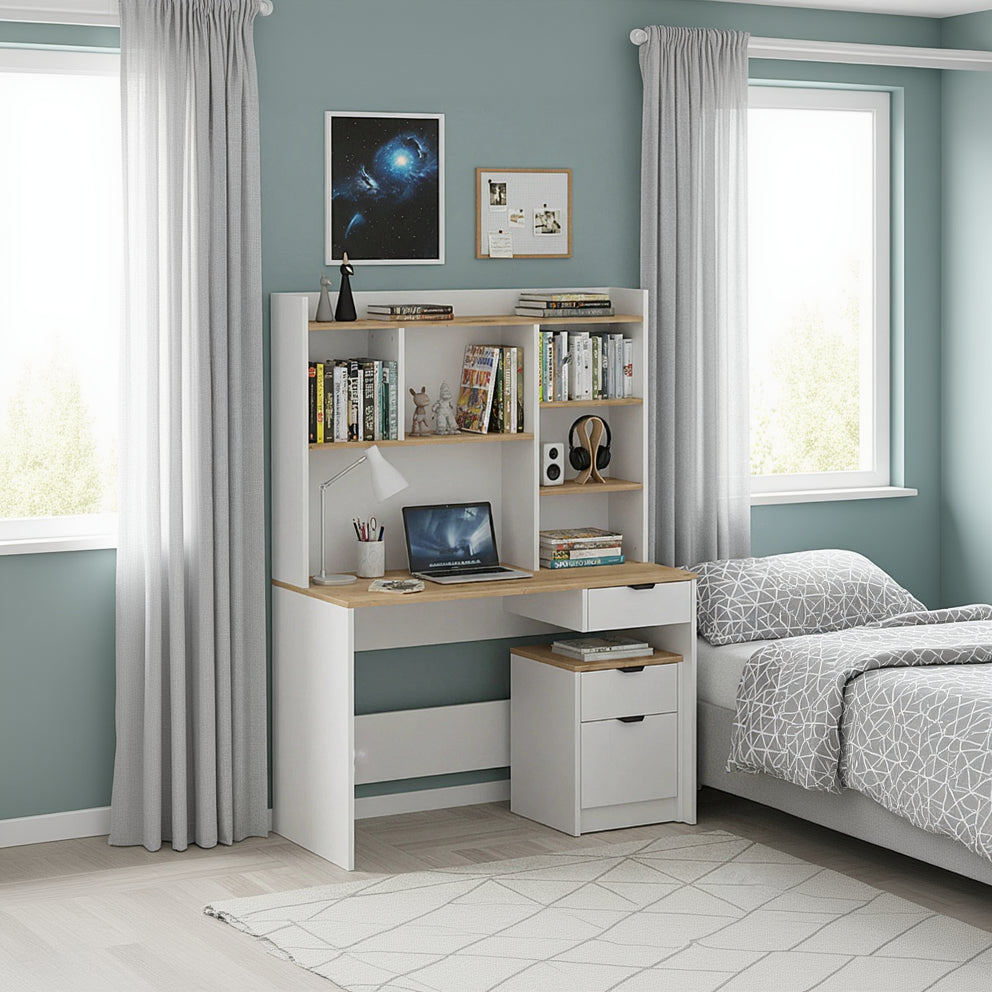 Bureau Harmony avec étagères et tiroirs, blanc - bois