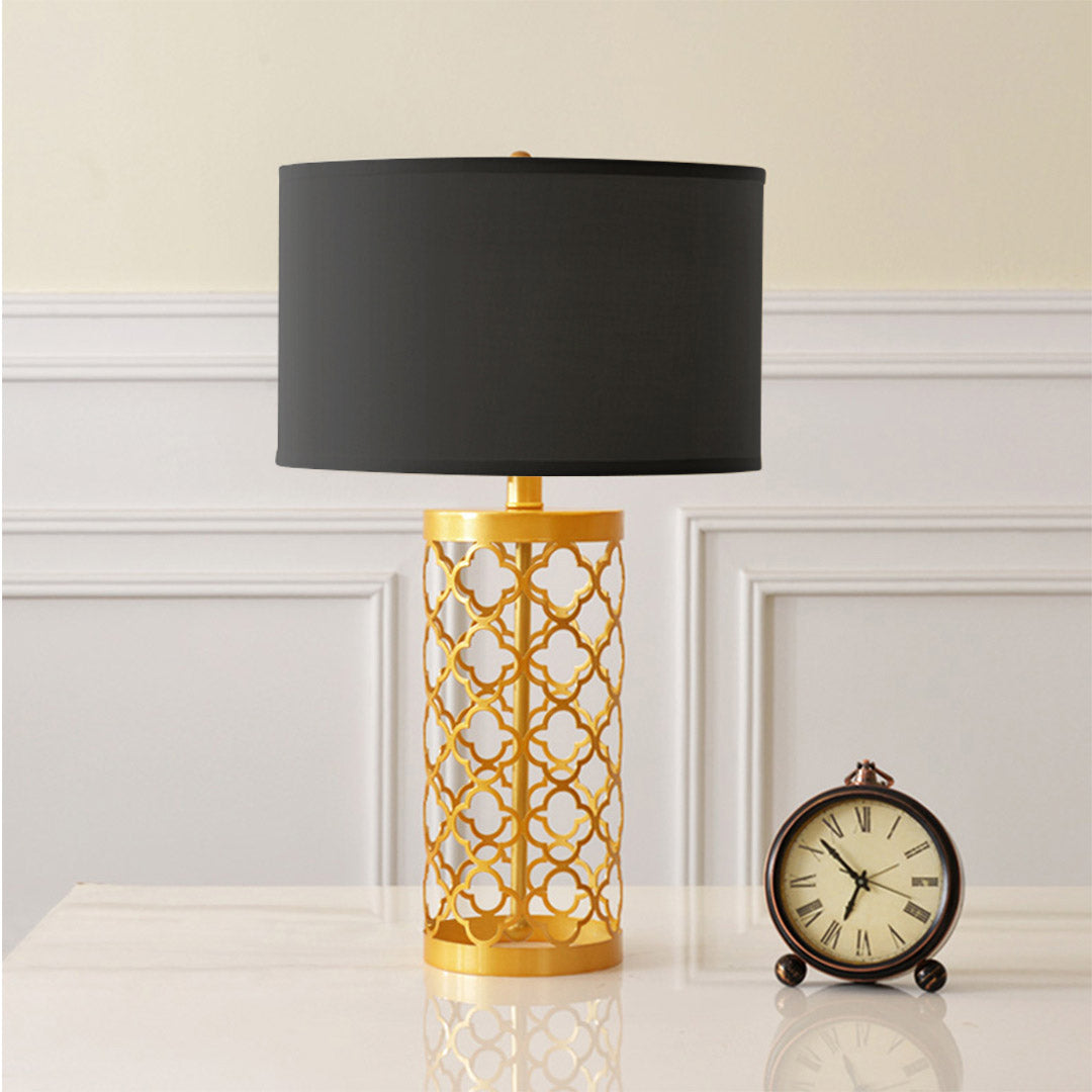 NNEAGS Golden Hollowed Out Base Table Lamp with Dark Shade-4