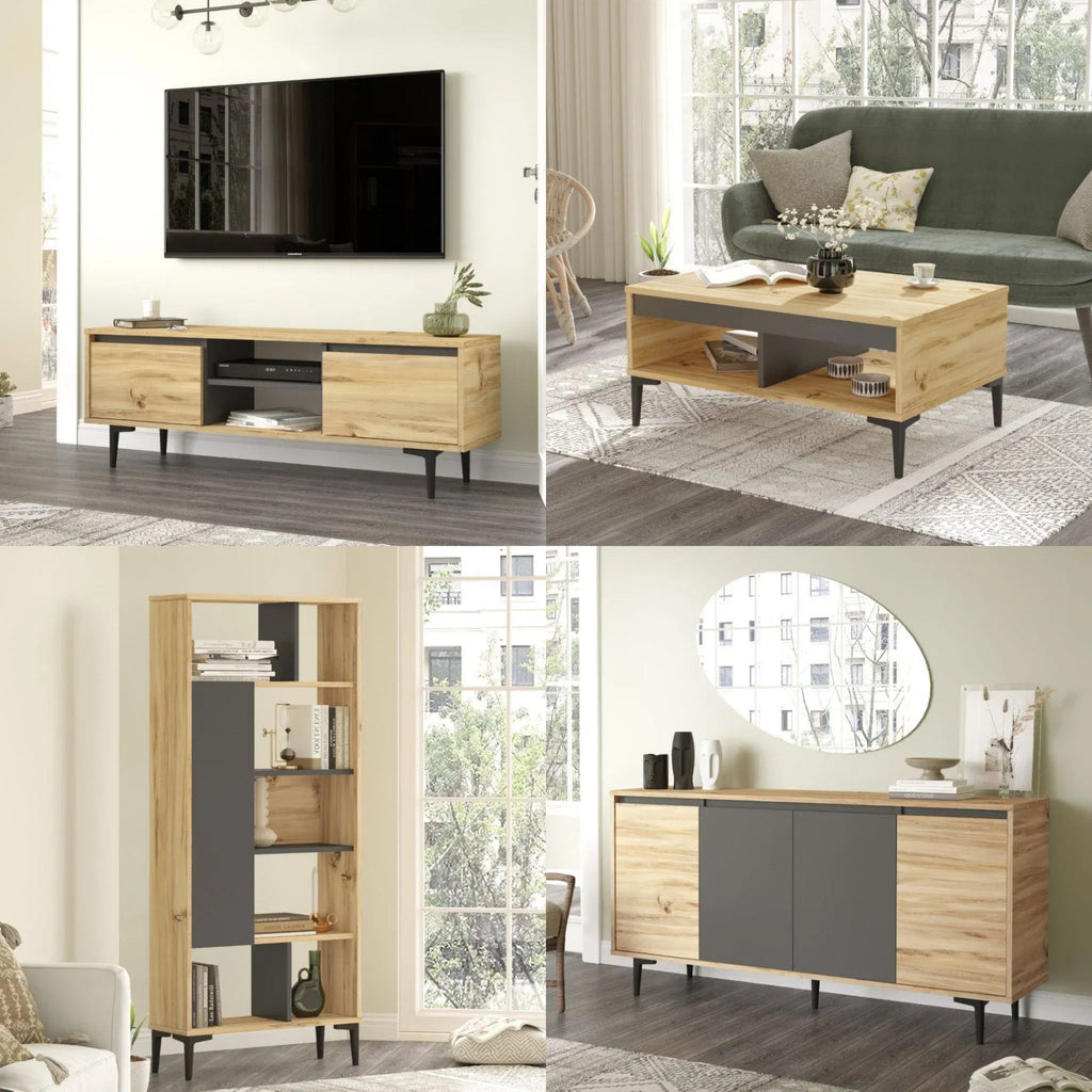 Lot de meubles pour salon OLI – Meuble TV, Table basse, Bibliothèque & Buffet