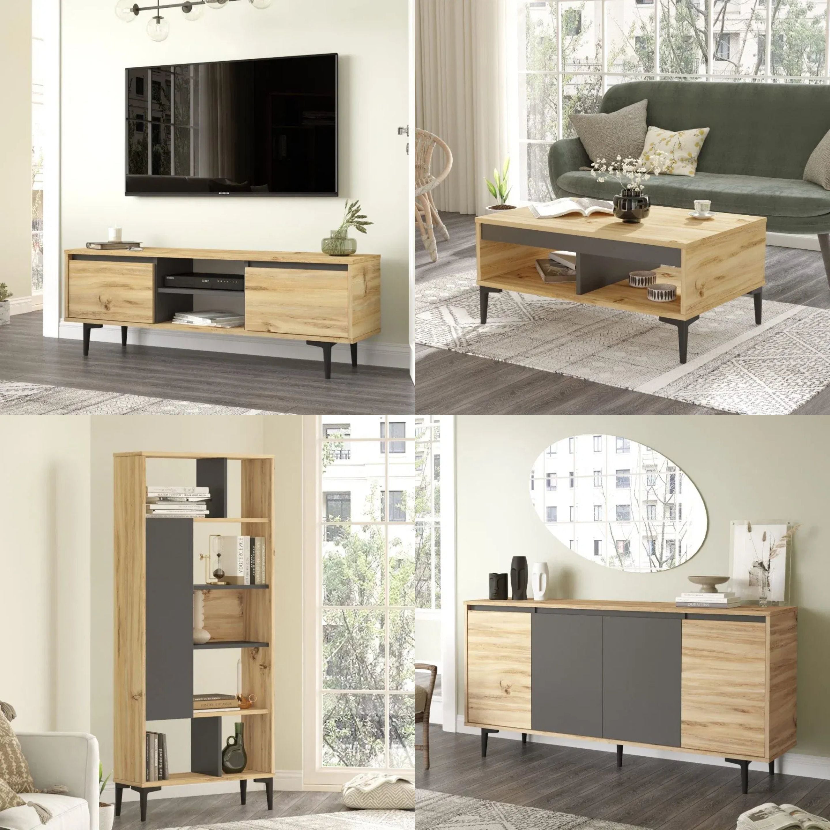 Lot de meubles pour salon OLI – Meuble TV, Table basse, Bibliothèque & Buffet