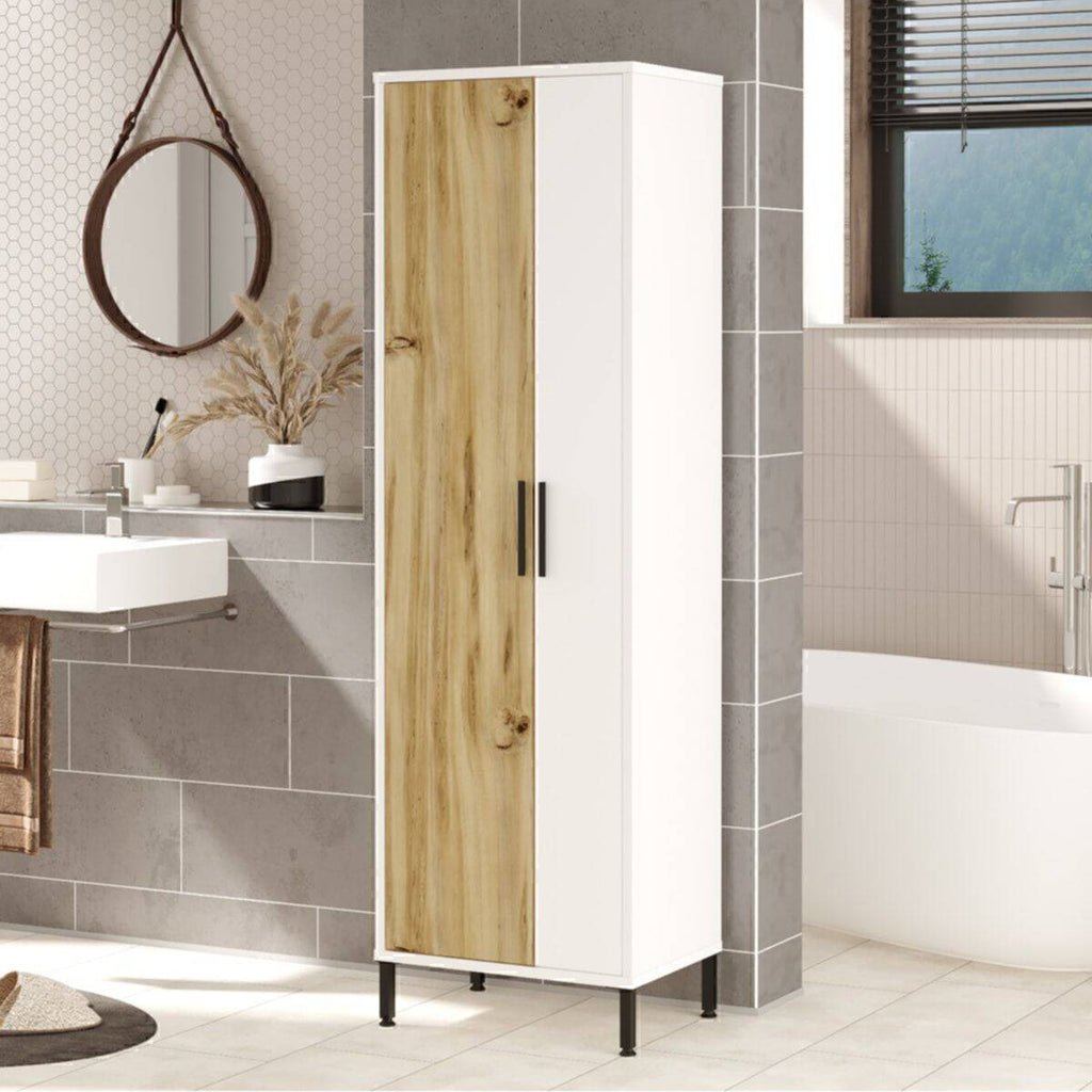 Armoire multifonction pour salle de bain ou buanderie, avec étagères et espace de rangement pour balais, seau et serpillère.