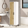 Armoire multifonction pour salle de bain ou buanderie, avec étagères et espace de rangement pour balais, seau et serpillère.