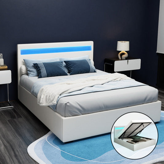 NNEDSZ Artiss Bed Frame Double Size LED Gas Lift White COLE-0