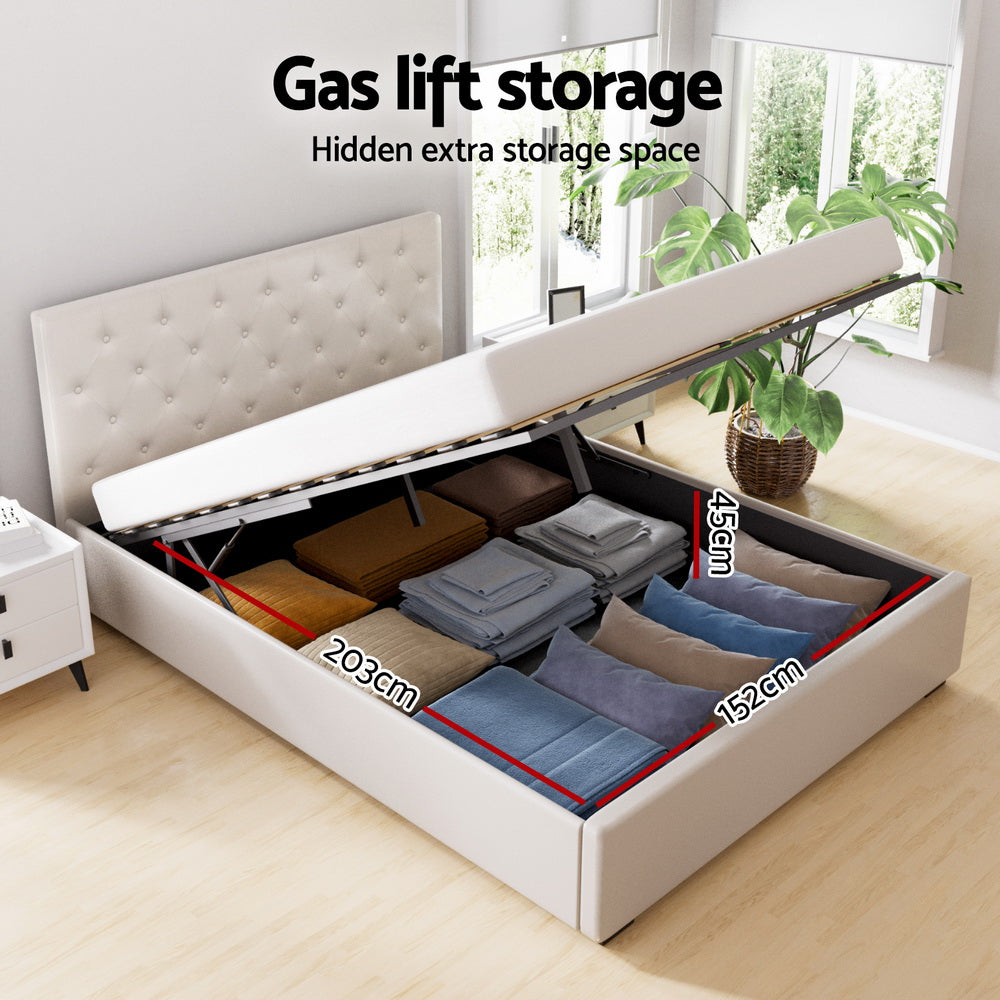 NNEDSZ Artiss Bed Frame Queen Size Gas Lift Beige VILA-3
