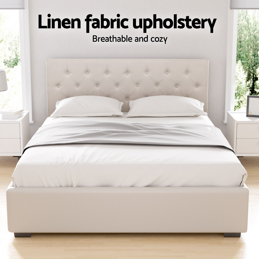 NNEDSZ Artiss Bed Frame Queen Size Gas Lift Beige VILA-4