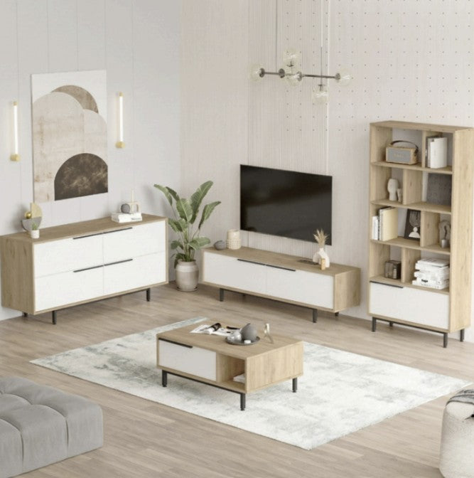 Lot de meubles pour salon BOH21 – Meuble TV, Table basse, Buffet & Bibliothèque | Style Bohème Chêne/Blanc, Blanc ou Chêne