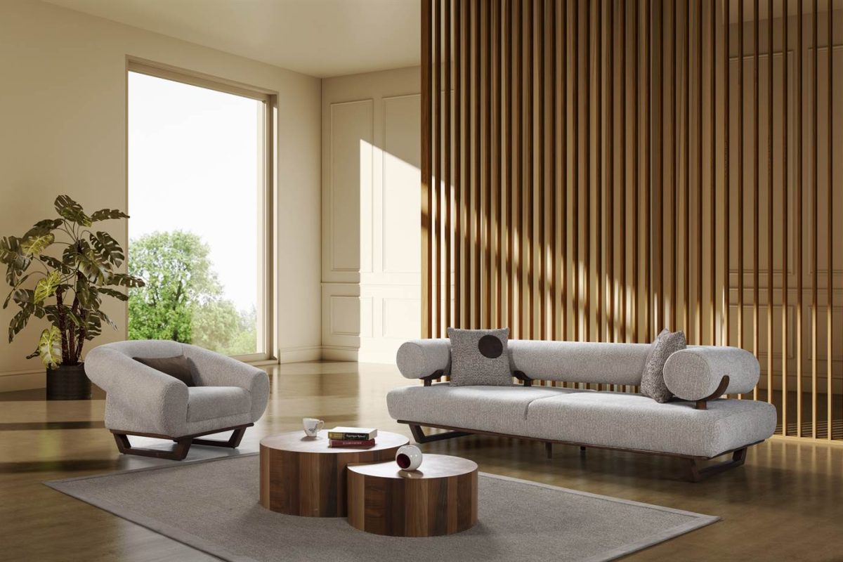 Canapé 3 places 235cm, structure robuste en bois massif et texture douce avec tissu de haute qualité pour un environnement paisible et confortable.