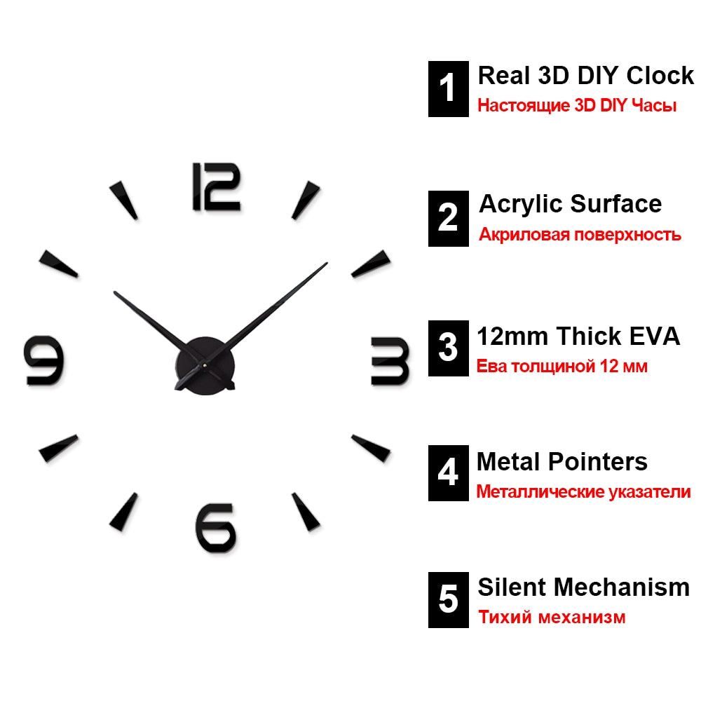 Large Wall Clock Quartz 3D DIY Big Watch Decorative Kitchen Clocks Acrylic Mirror Sticker Oversize Wall Clocks Home Letter Decor-3