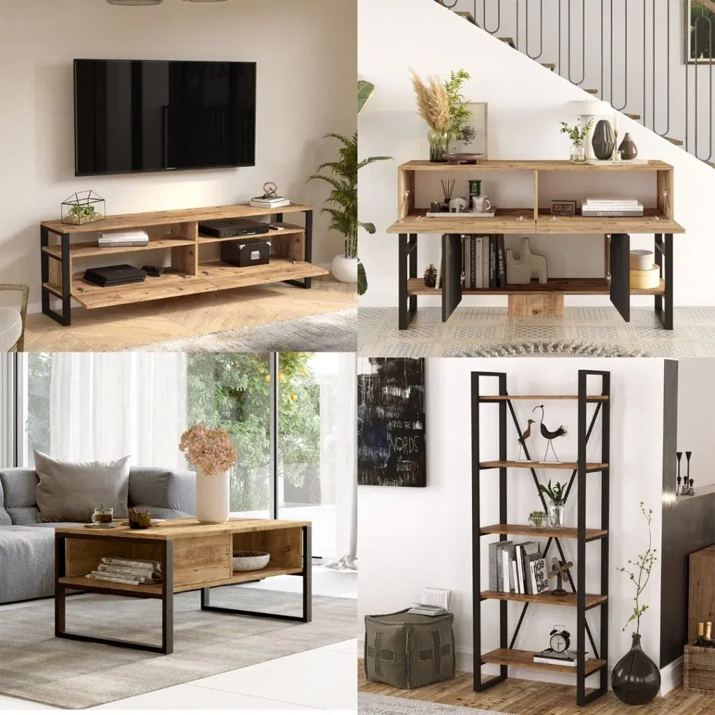 Lot de meubles pour salon ELA – Meuble TV, Table basse, Bibliothèque & Buffet