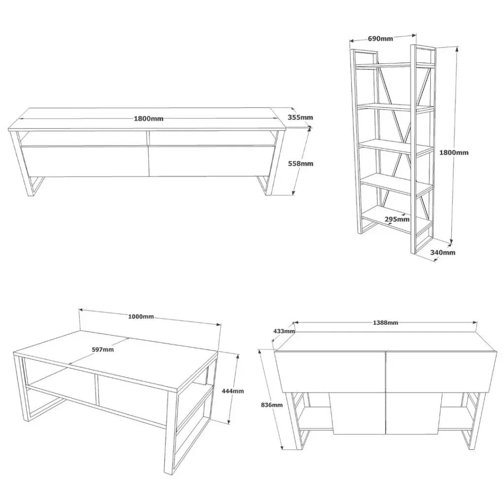 Lot de meubles pour salon ELA – Meuble TV, Table basse, Bibliothèque & Buffet