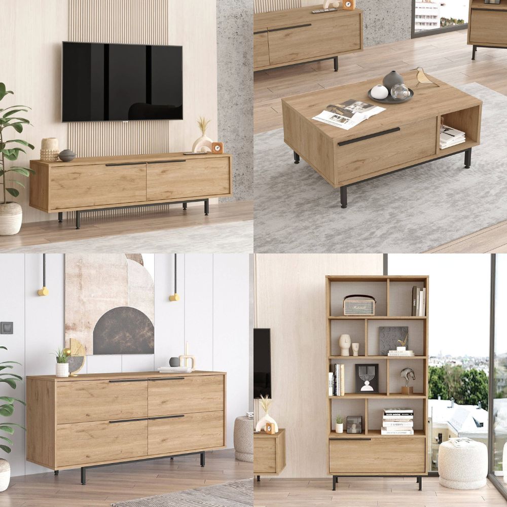 Lot de meubles pour salon BOH21 – Meuble TV, Table basse, Buffet & Bibliothèque | Style Bohème Chêne/Blanc, Blanc ou Chêne