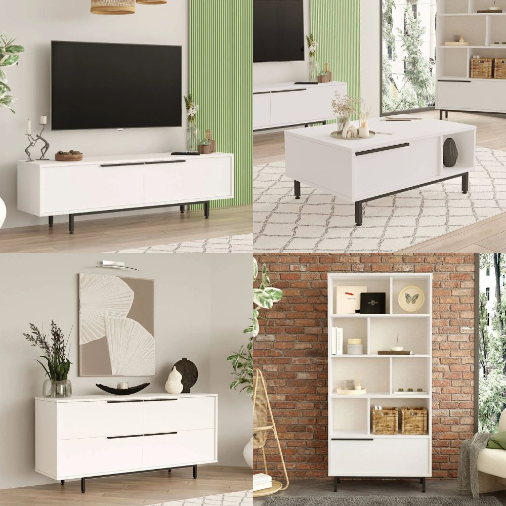 Lot de meubles pour salon BOH21 – Meuble TV, Table basse, Buffet & Bibliothèque | Style Bohème Chêne/Blanc, Blanc ou Chêne