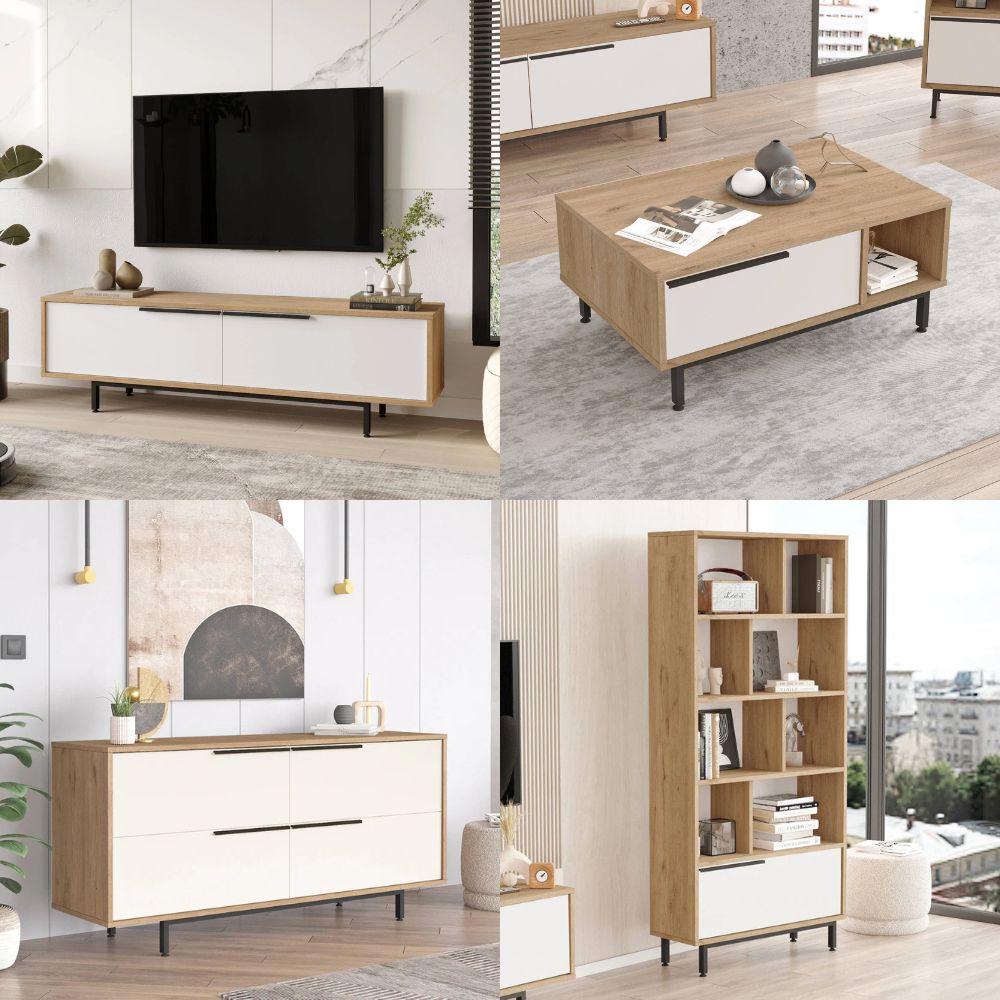 Lot de meubles pour salon BOH21 – Meuble TV, Table basse, Buffet & Bibliothèque | Style Bohème Chêne/Blanc, Blanc ou Chêne