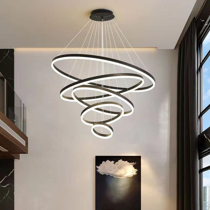 NNEDSZ Black 5 Rings Minimalist LED Pendant Light Adjustable Circular Chandelier