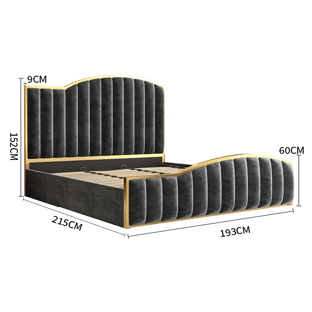 NNEDSZ King Size Elegant Luxury Bedframe with Gas Lift Storage Charcoal Velvet Fabric Golden Trim-1
