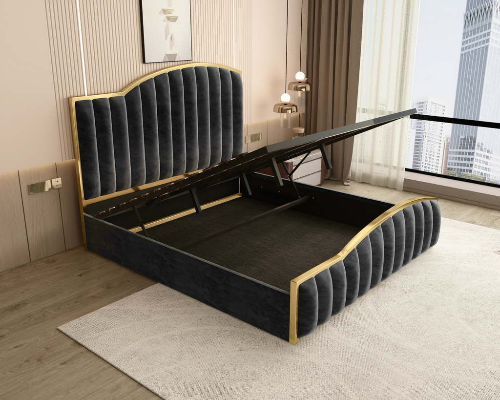 NNEDSZ King Size Elegant Luxury Bedframe with Gas Lift Storage Charcoal Velvet Fabric Golden Trim-2