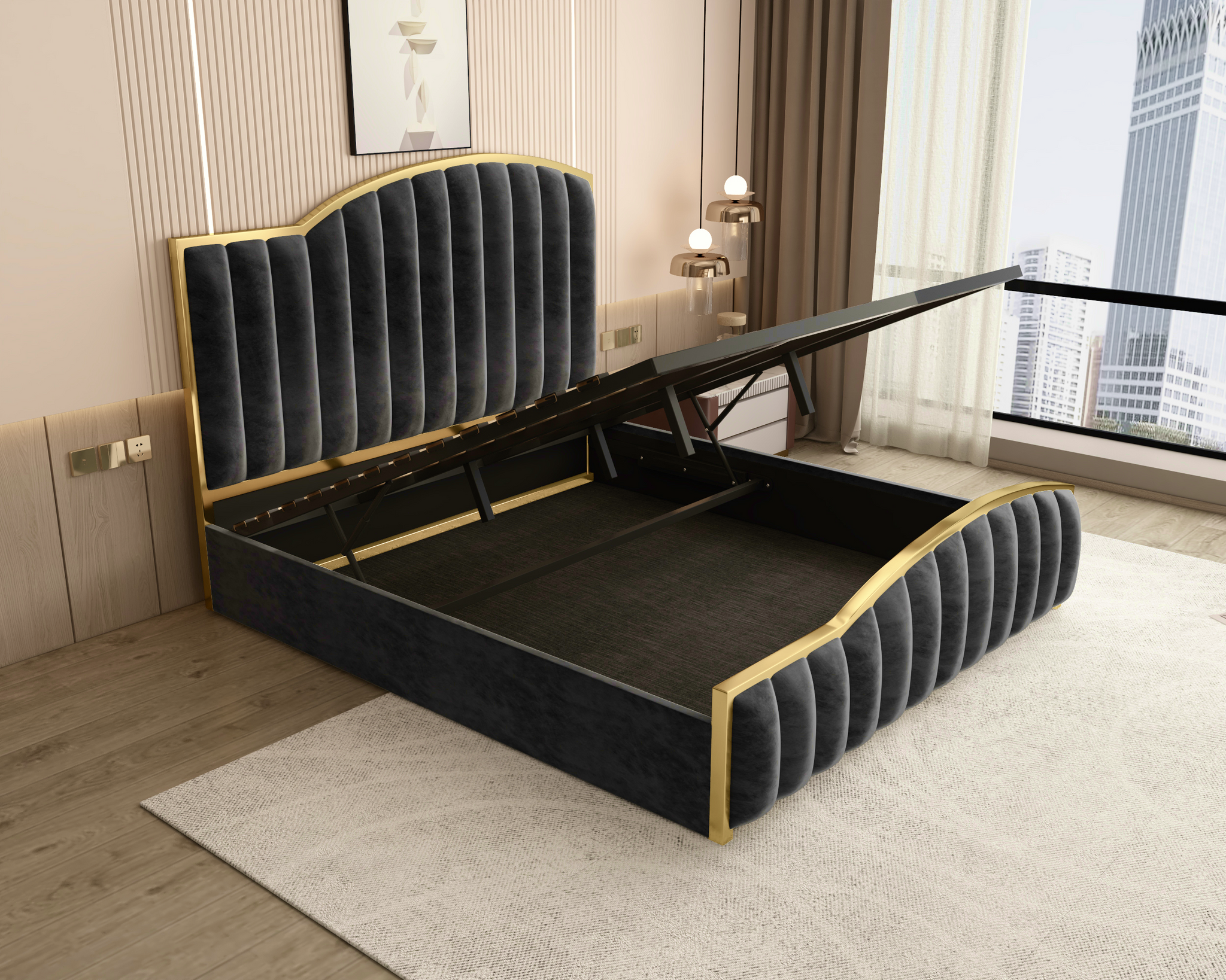 NNEDSZ King Size Elegant Luxury Bedframe with Gas Lift Storage Charcoal Velvet Fabric Golden Trim-2
