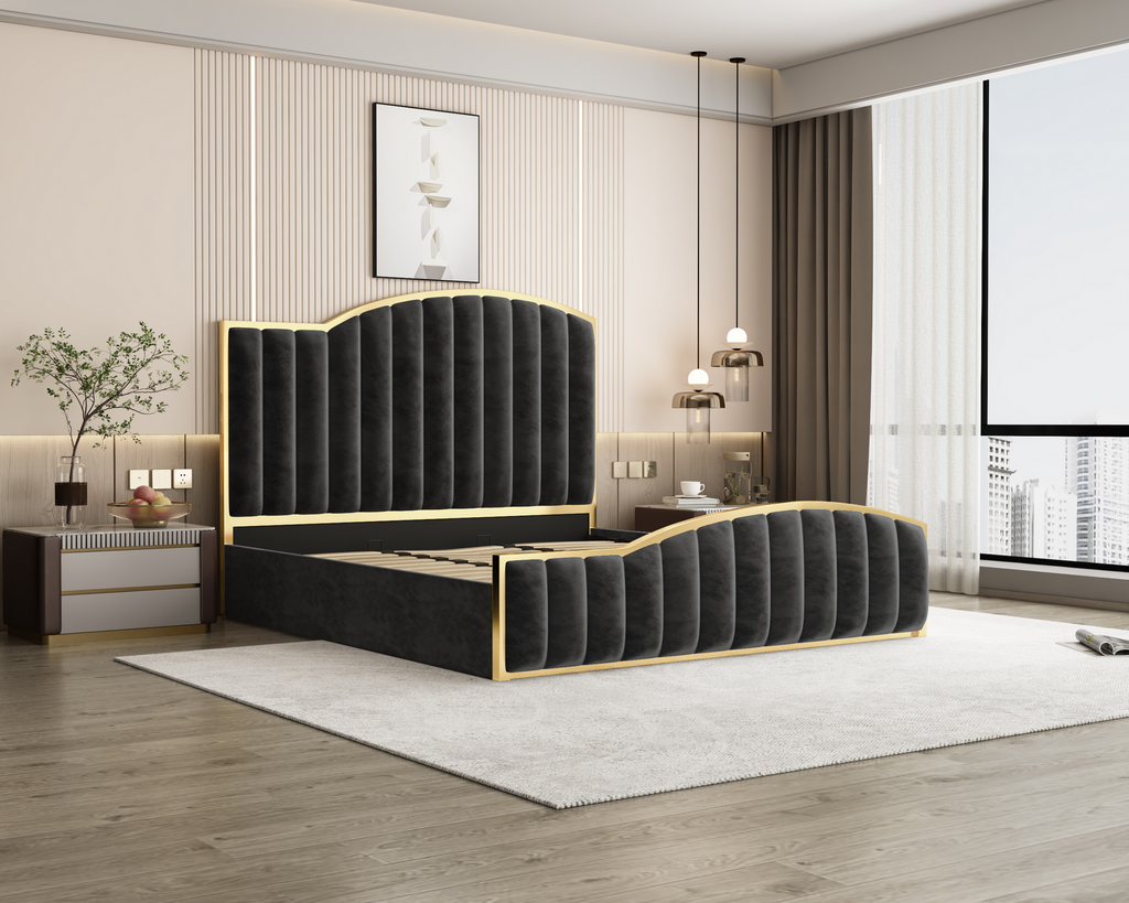 NNEDSZ King Size Elegant Luxury Bedframe with Gas Lift Storage Charcoal Velvet Fabric Golden Trim-3