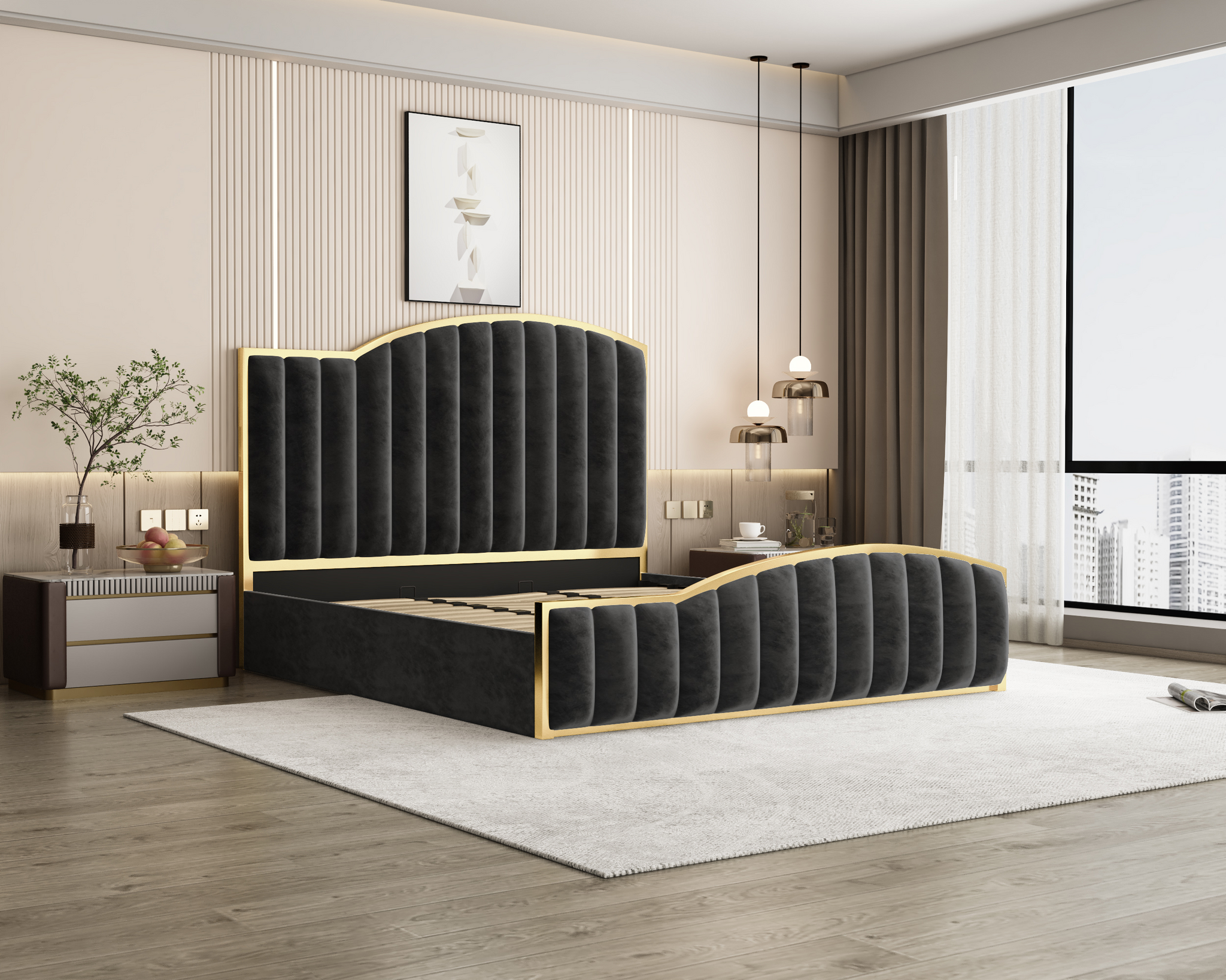 NNEDSZ King Size Elegant Luxury Bedframe with Gas Lift Storage Charcoal Velvet Fabric Golden Trim-3