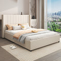 NNEDSZ King Size High Rise Headboard Linen Beige Fabric Four MDF Drawers with Wheels Bed Frame-0