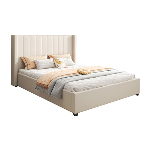 NNEDSZ King Size High Rise Headboard Linen Beige Fabric Four MDF Drawers with Wheels Bed Frame-1
