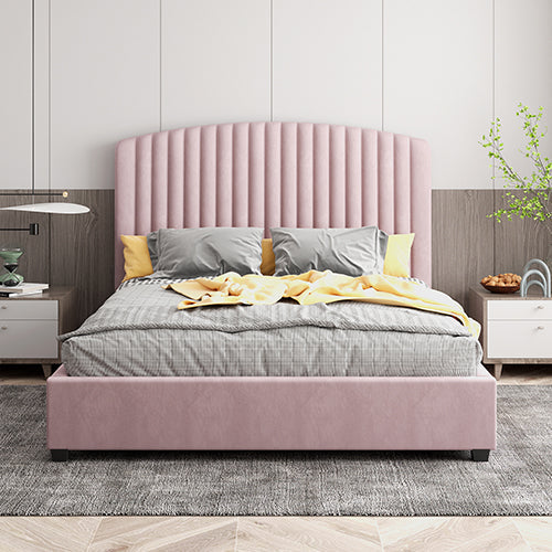 NNEDSZ Camelia Queen Size Bed Frame Pink Velvet Upholstery High Headboard Quality Slats Metal Structure-0