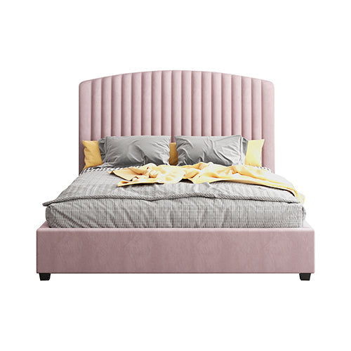 NNEDSZ Camelia Queen Size Bed Frame Pink Velvet Upholstery High Headboard Quality Slats Metal Structure-1