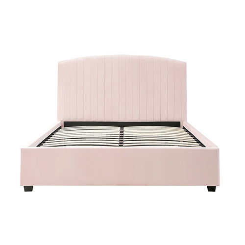 NNEDSZ Camelia Queen Size Bed Frame Pink Velvet Upholstery High Headboard Quality Slats Metal Structure-3