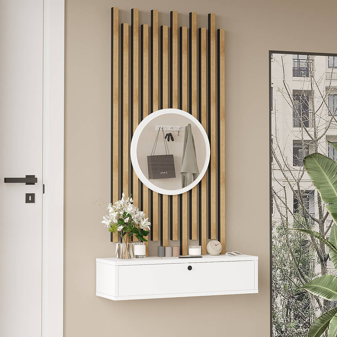 Console d’entrée CS4 – Miroir, Lattes de Bois & Compartiment 80 cm | Style Bohème Blanc ou Chêne/Blanc