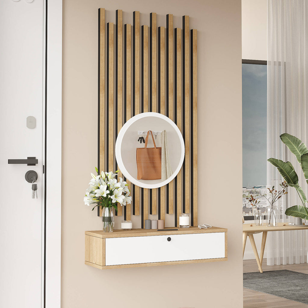 Console d’entrée CS4 – Miroir, Lattes de Bois & Compartiment 80 cm | Style Bohème Blanc ou Chêne/Blanc