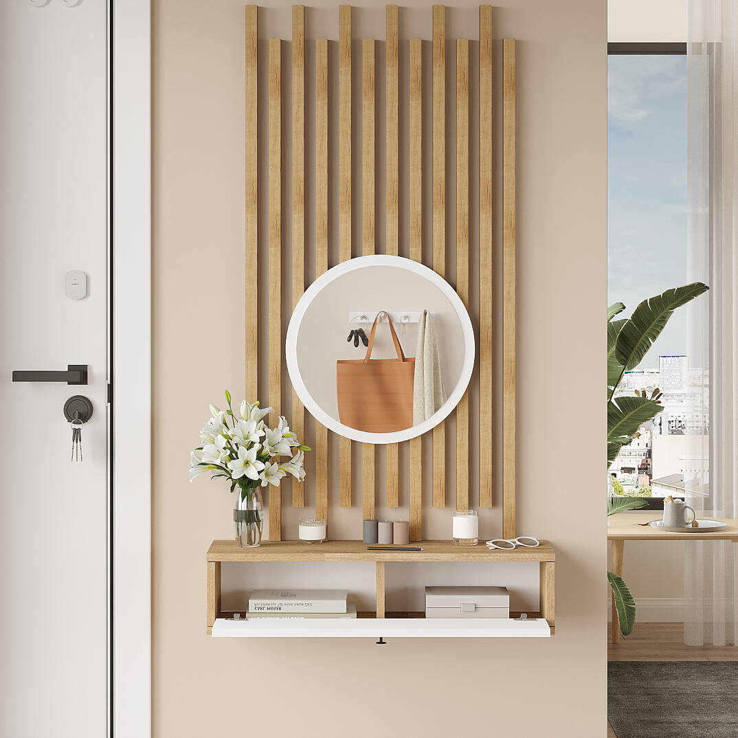 Console d’entrée CS4 – Miroir, Lattes de Bois & Compartiment 80 cm | Style Bohème Blanc ou Chêne/Blanc