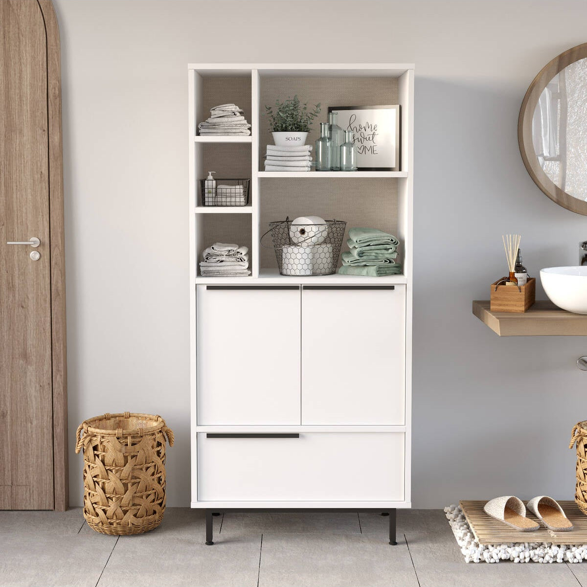 Armoire multifonction Bohème avec 3 portes, étagères et pieds en métal