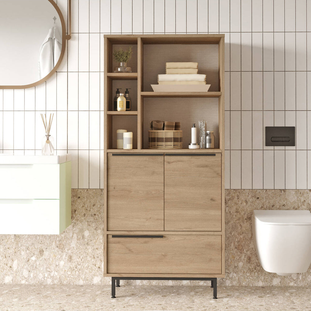 Armoire multifonction Bohème avec 3 portes, étagères et pieds en métal