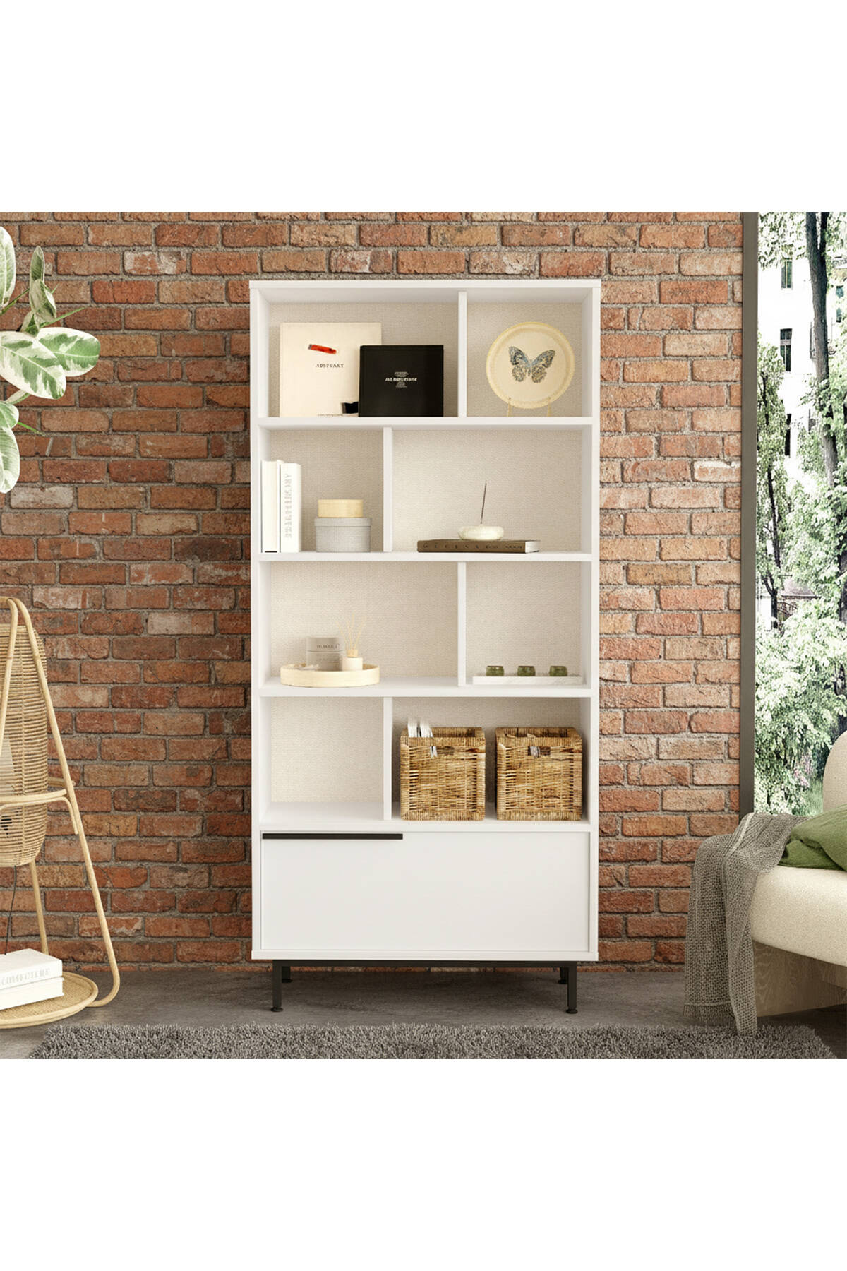 Bibliothèque BOH4 – 176 cm avec Pieds Métal  | Style Bohème Chêne, Blanc ou Chêne/Blanc