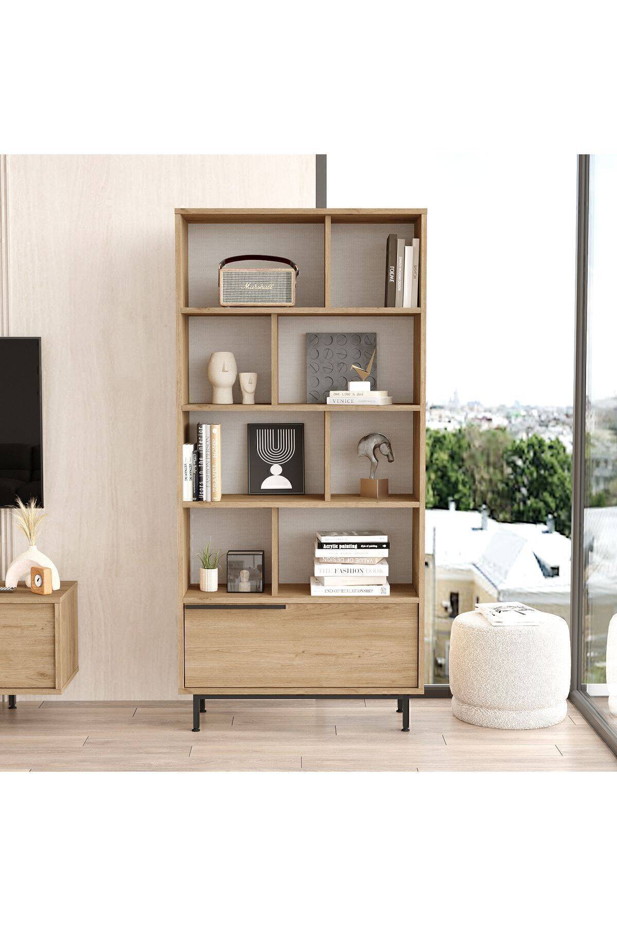 Bibliothèque BOH4 – 176 cm avec Pieds Métal  | Style Bohème Chêne, Blanc ou Chêne/Blanc