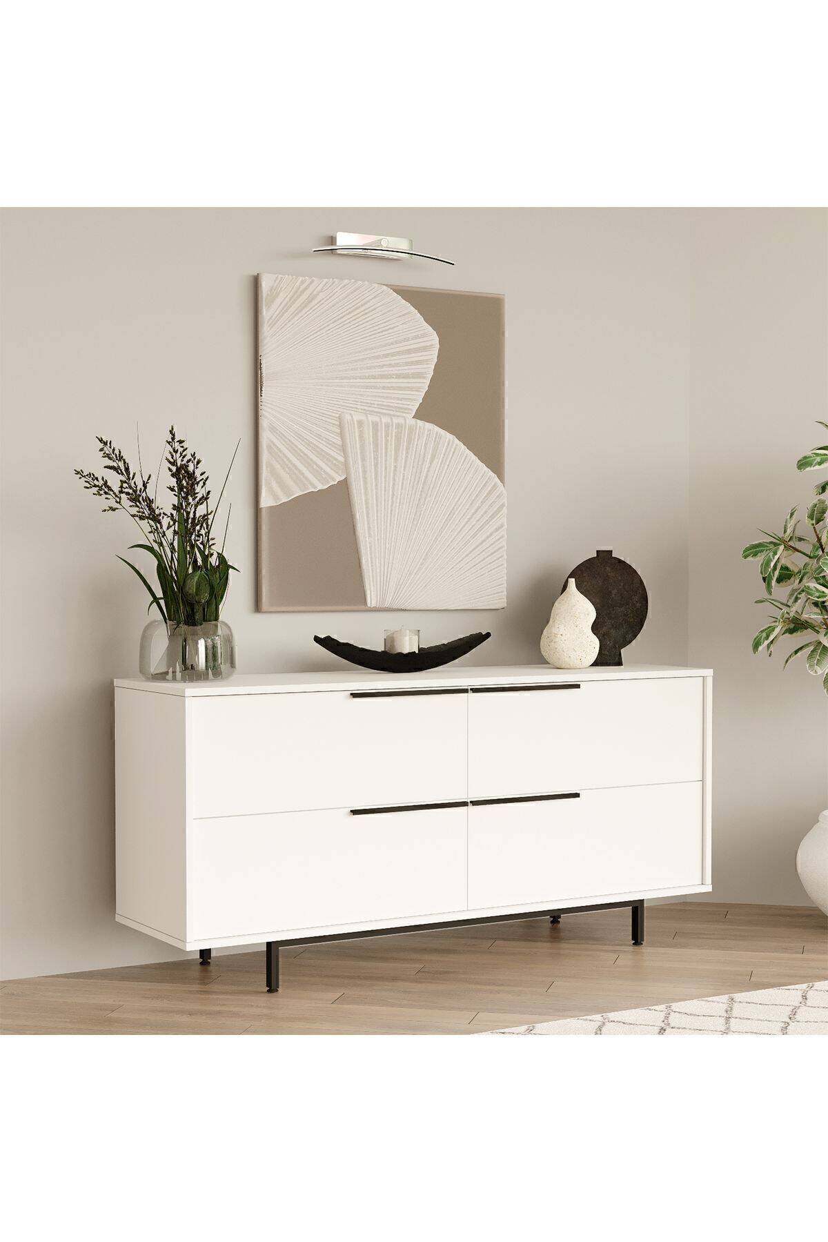 Buffet BOH3 – 4 Portes & Pieds Métal 160 cm | Style Bohème Chêne, Blanc ou Chêne/Blanc