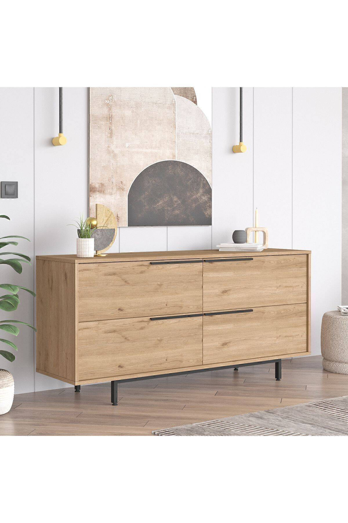Buffet BOH3 – 4 Portes & Pieds Métal 160 cm | Style Bohème Chêne, Blanc ou Chêne/Blanc