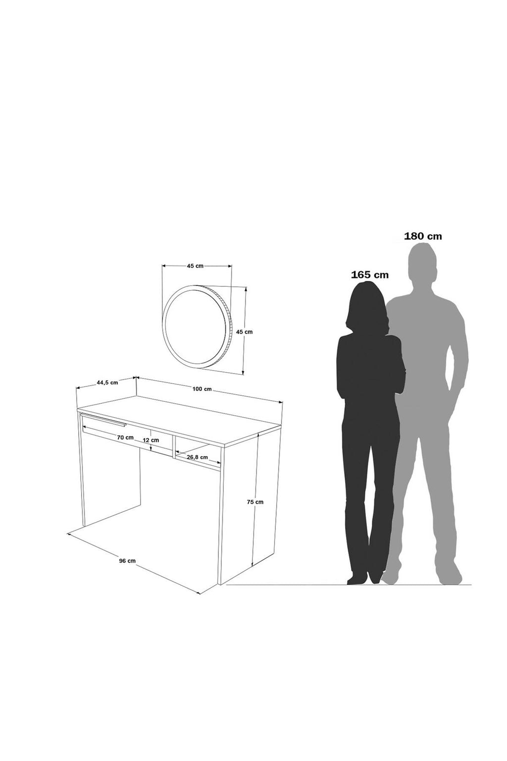 Coiffeuse 100 cm avec miroir et tiroirs BOH18