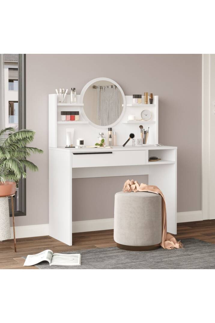 Coiffeuse avec miroir BOH28 – Miroir rond, étagères & tiroir 100 cm | Style Bohème Chêne, Blanc ou Chêne/Blanc