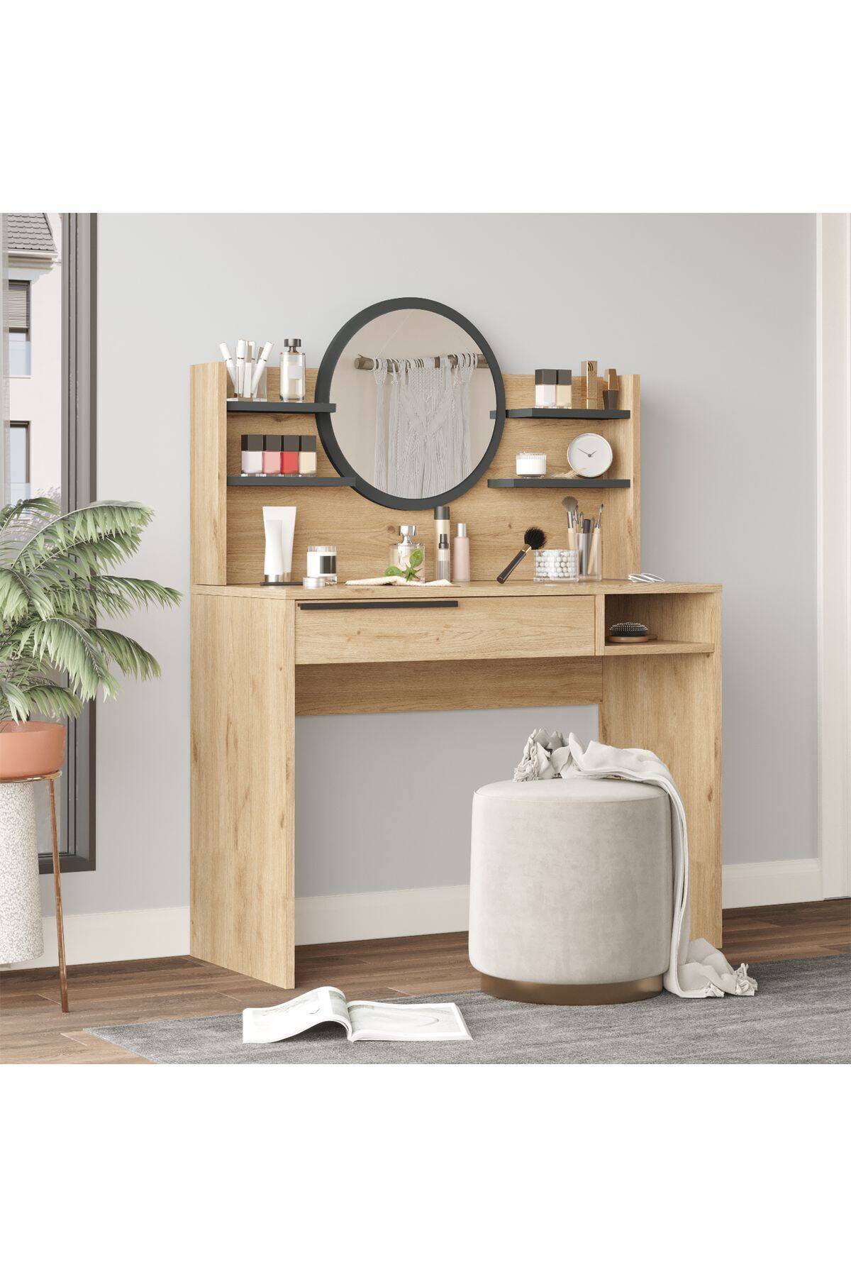 Coiffeuse avec miroir BOH28 – Miroir rond, étagères & tiroir 100 cm | Style Bohème Chêne, Blanc ou Chêne/Blanc