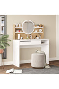 Coiffeuse avec miroir BOH28 – Miroir rond, étagères & tiroir 100 cm | Style Bohème Chêne, Blanc ou Chêne/Blanc
